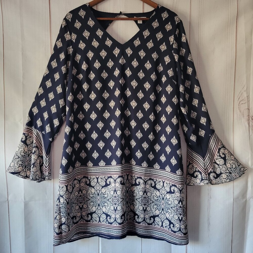 Cato Long Sleeve Midi Dress, L, Blue Multi Color, “Bandana Print”, Bell Sleeve,